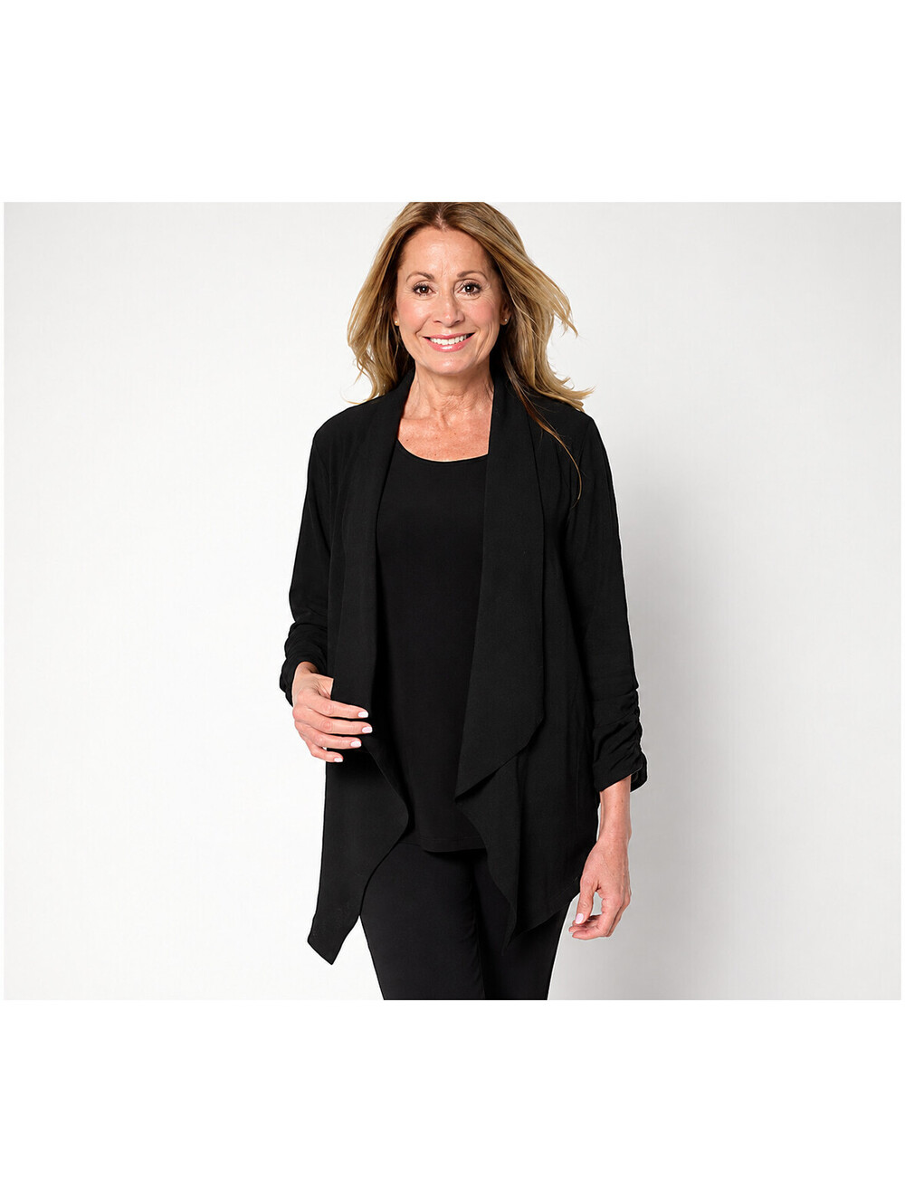 Susan Graver Regular Textured Woven Open Front Cardigan Sweater Black, Size 4X